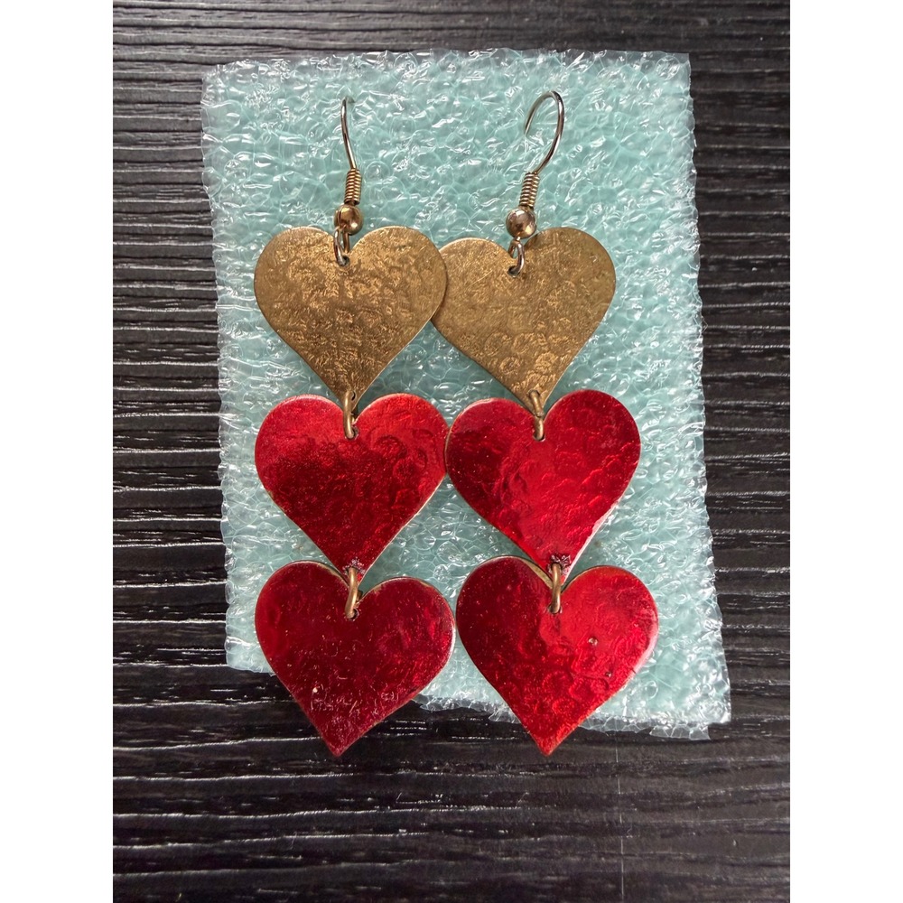 Handmade Red Gold Tiered Hammered Heart Drop Earrings Valentine's Dangle
